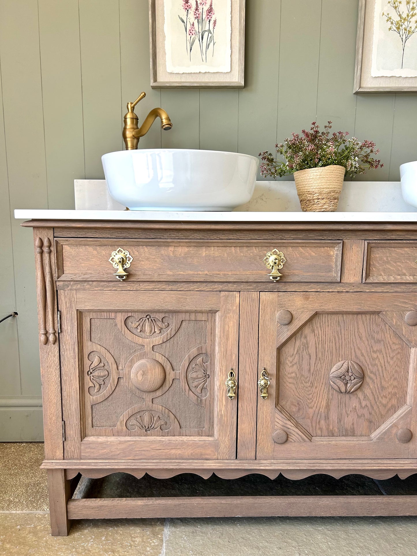 Large Mid Oak Vintage Double Vanity Sink, Quartz top with 2 counter top basins and Upstand. (155cm wide)