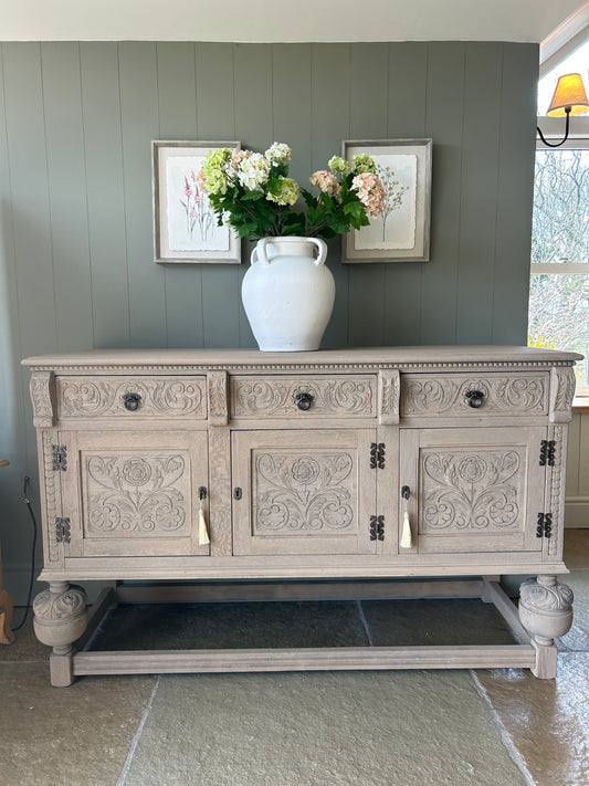 Vintage Weathered Oak Sideboard with carved detailing.