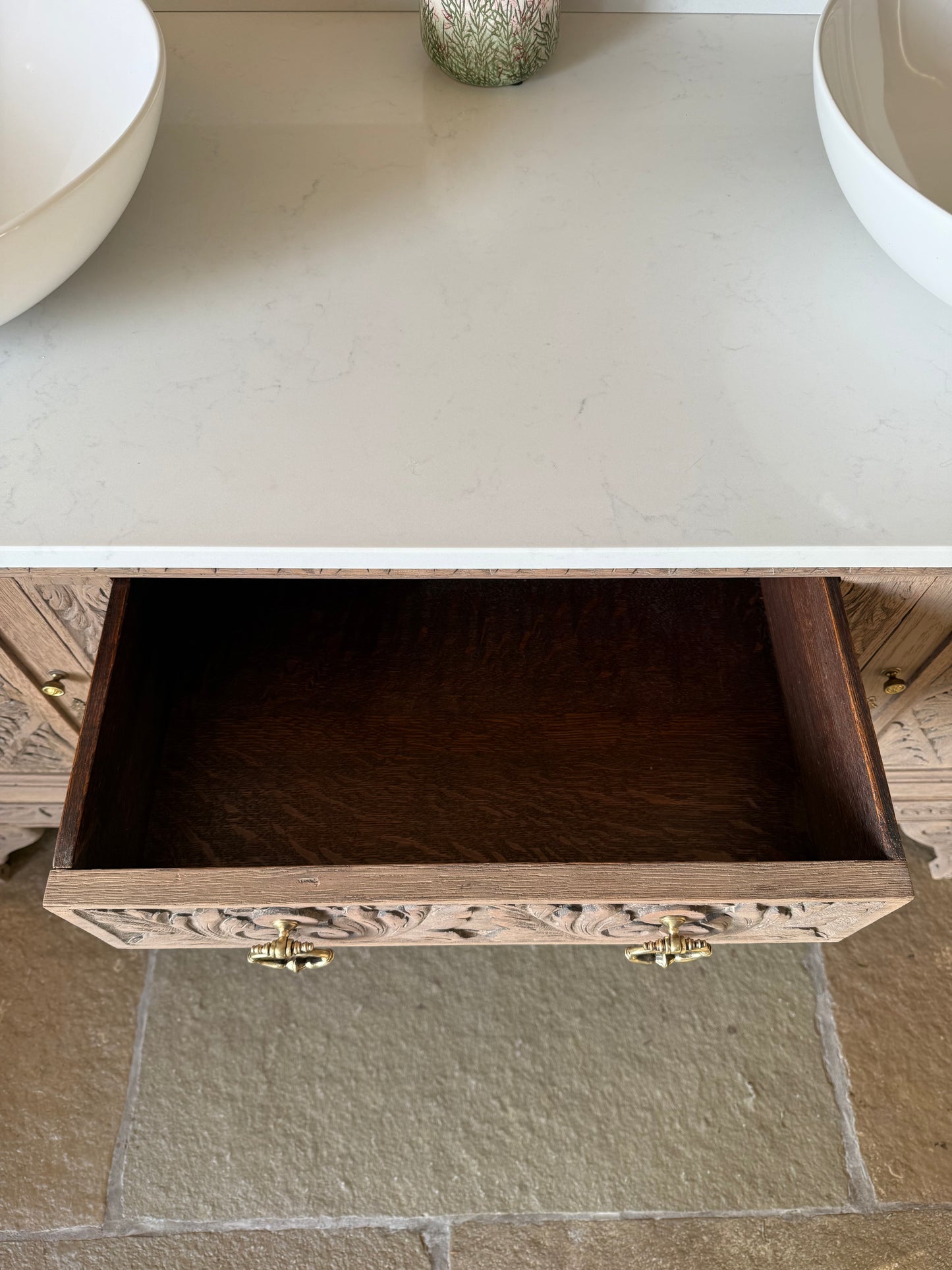 Large Pretty Antique Carved Oak vanity Sink, Carrara Quartz top, Upstand and two basins (154cm wide)