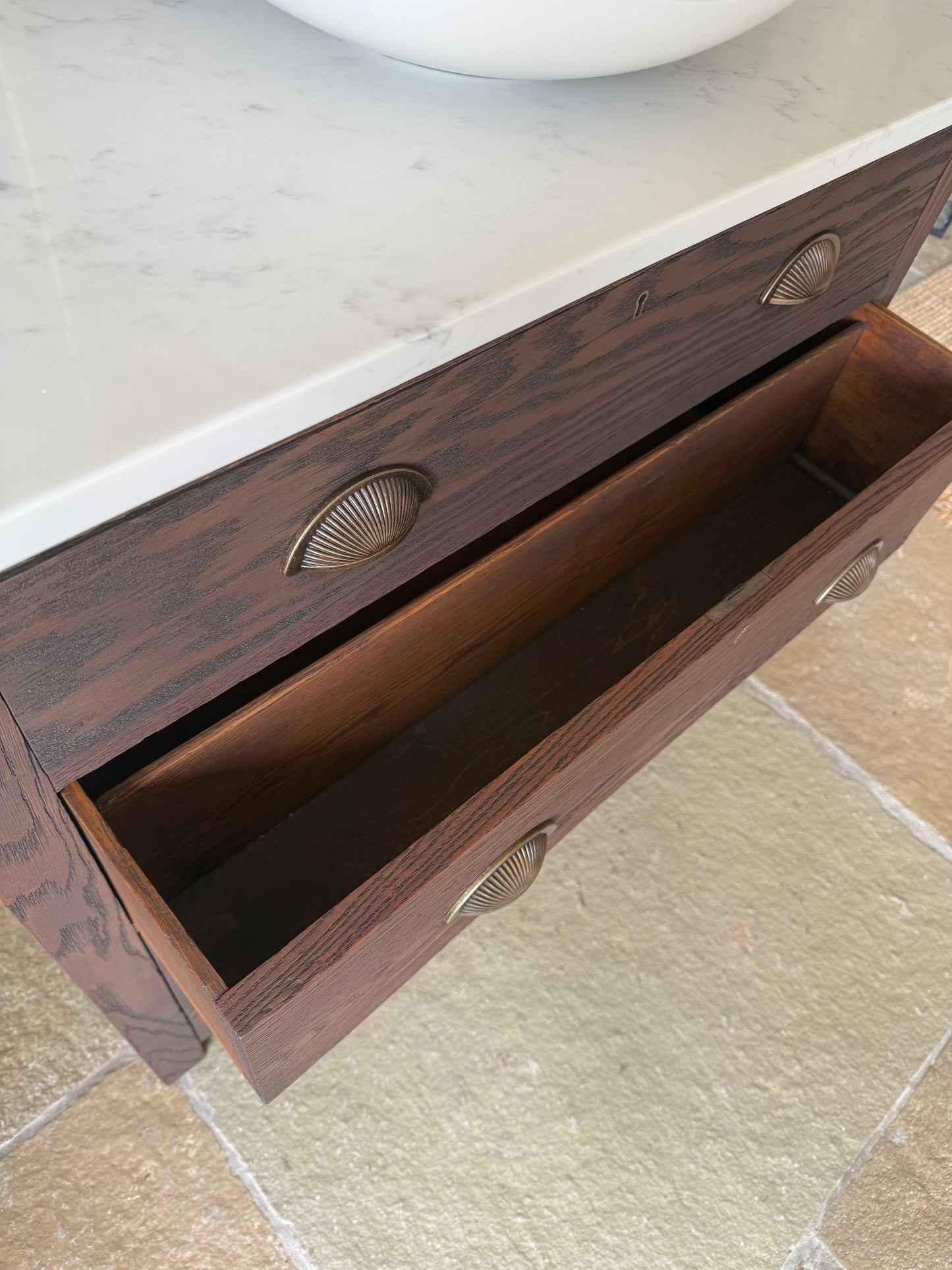 Vintage Vanity Sink in a Classic Dark Oak, Quartz top, Upstand and basin.