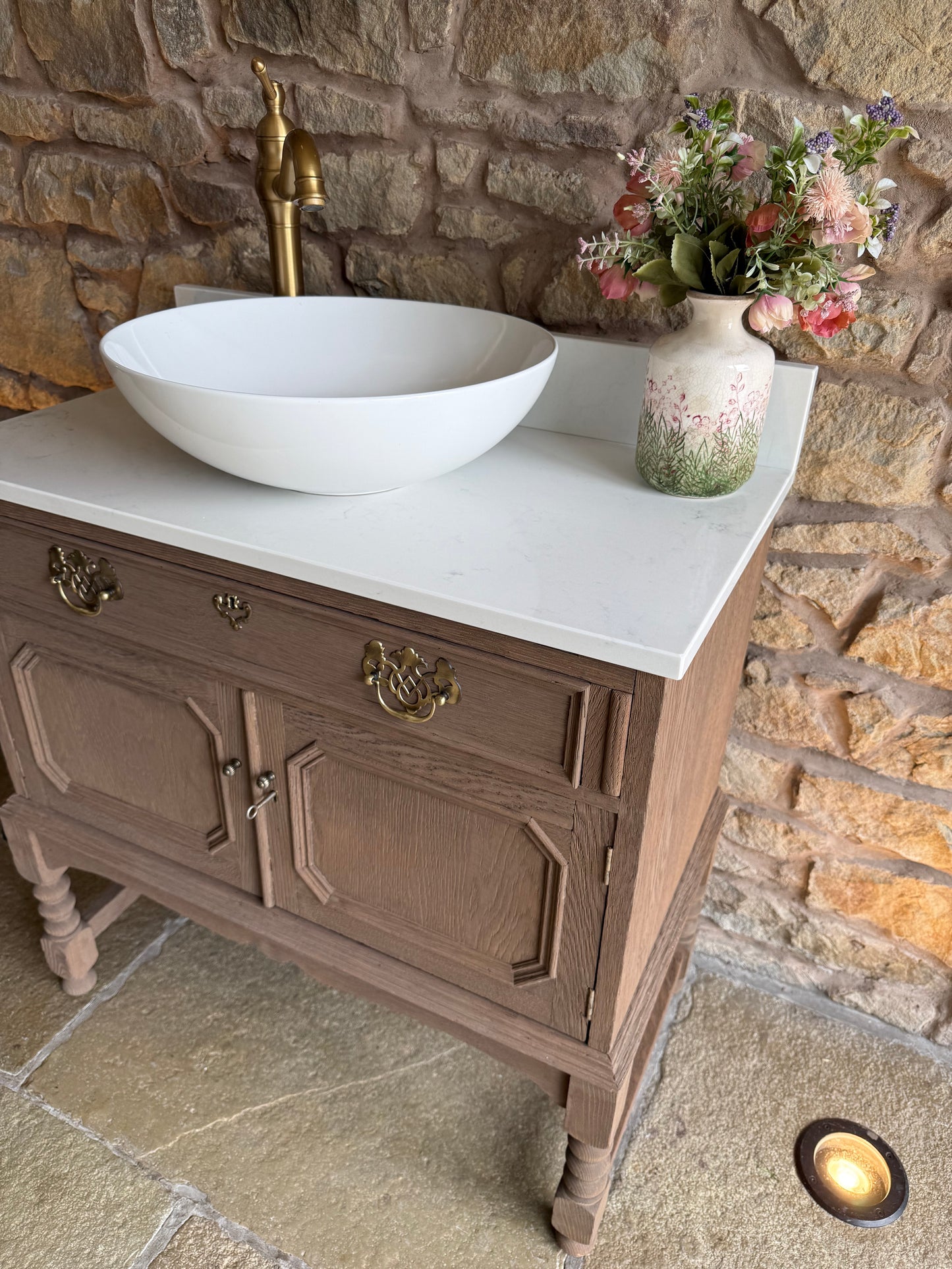Solid Oak Vintage Vanity Sink Unit, Quartz Top, Upstand and Basin. (79cm wide)