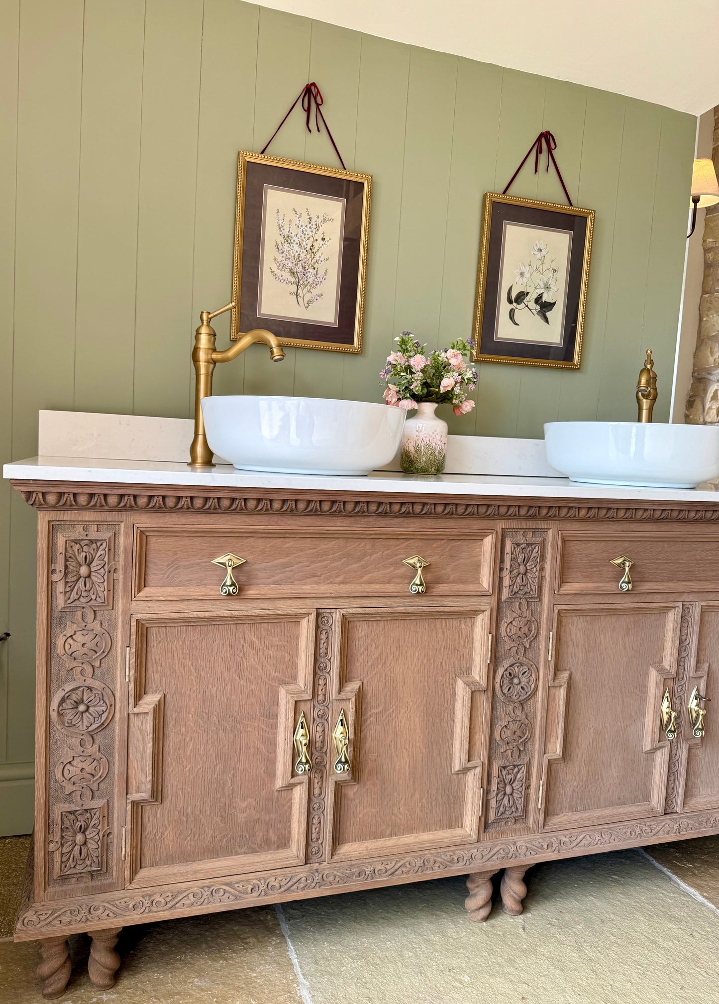 Large Mid Solid Oak Double Vanity Sink, Quartz top, Upstand and two basins. ( 185cm wide)