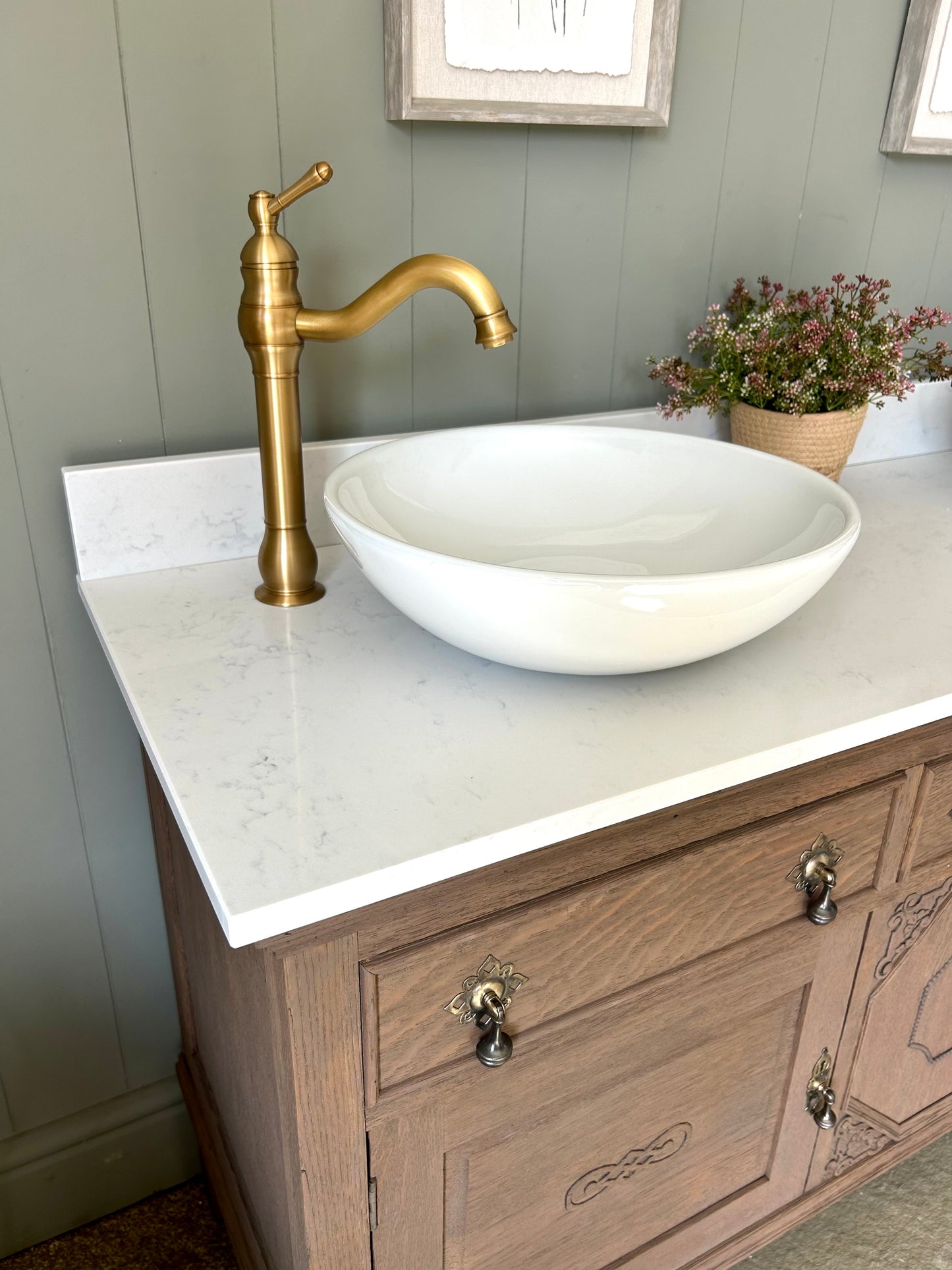 Vintage Solid Oak Double Vanity Sink in a Mid Warm Oak. Quartz top, Upstand and two basins. (155.5cm wide)