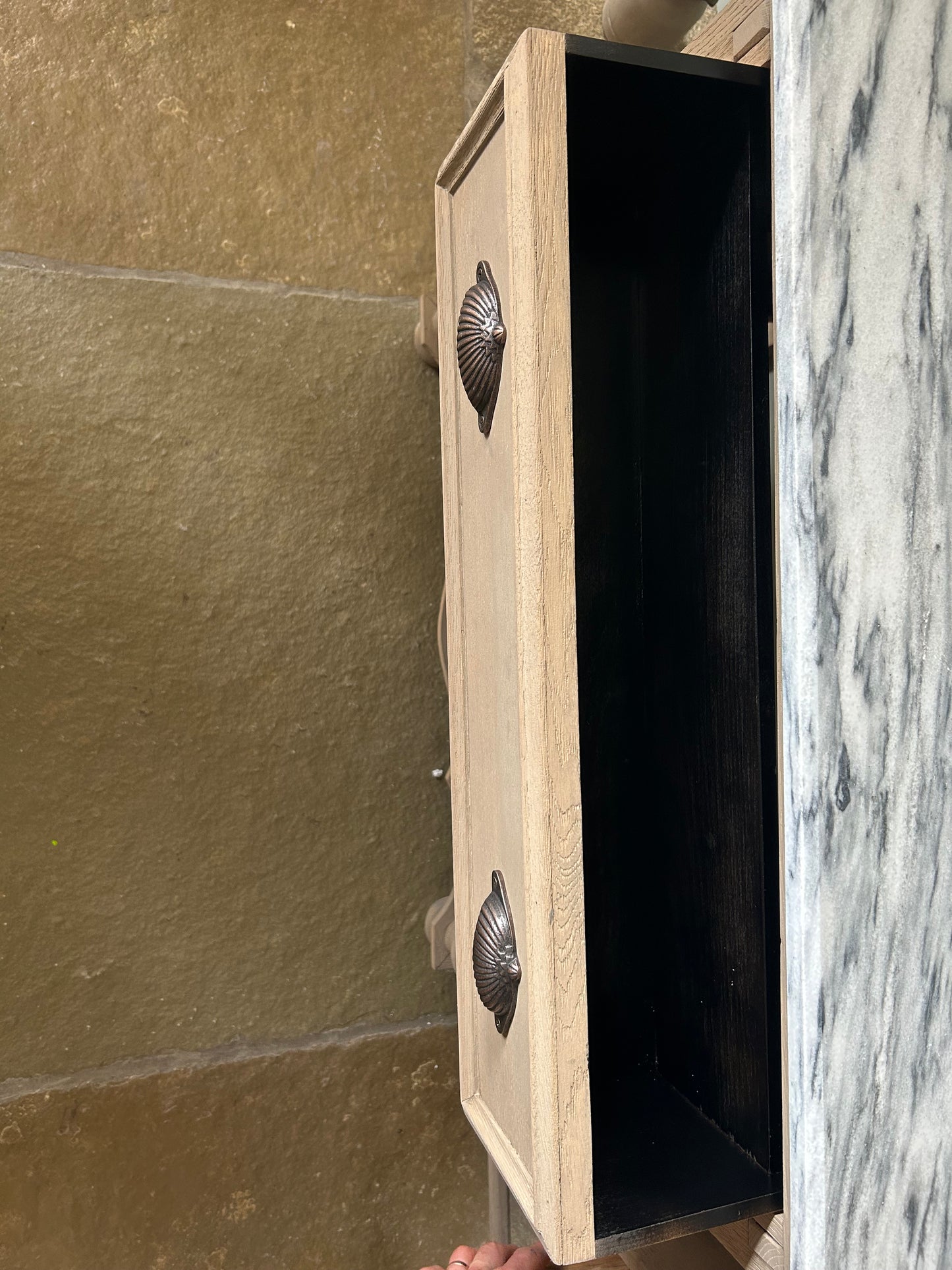 Vintage Marble Topped Vanity Sink finished in a Weathered Oak Style