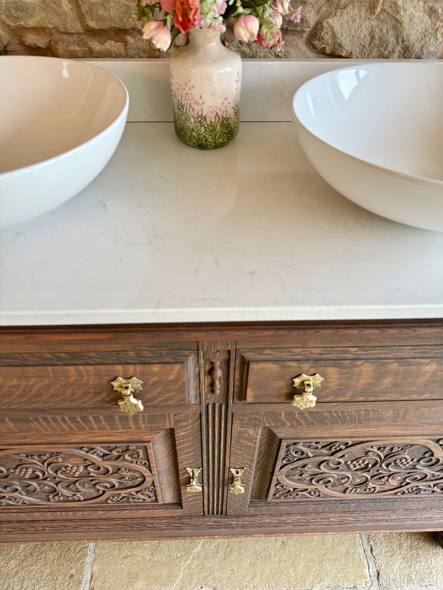Vintage Ornate Solid Oak Double Or Single Vanity Sink Unit, Carrara Quartz Top, Upstand and two basins (126cm wide)
