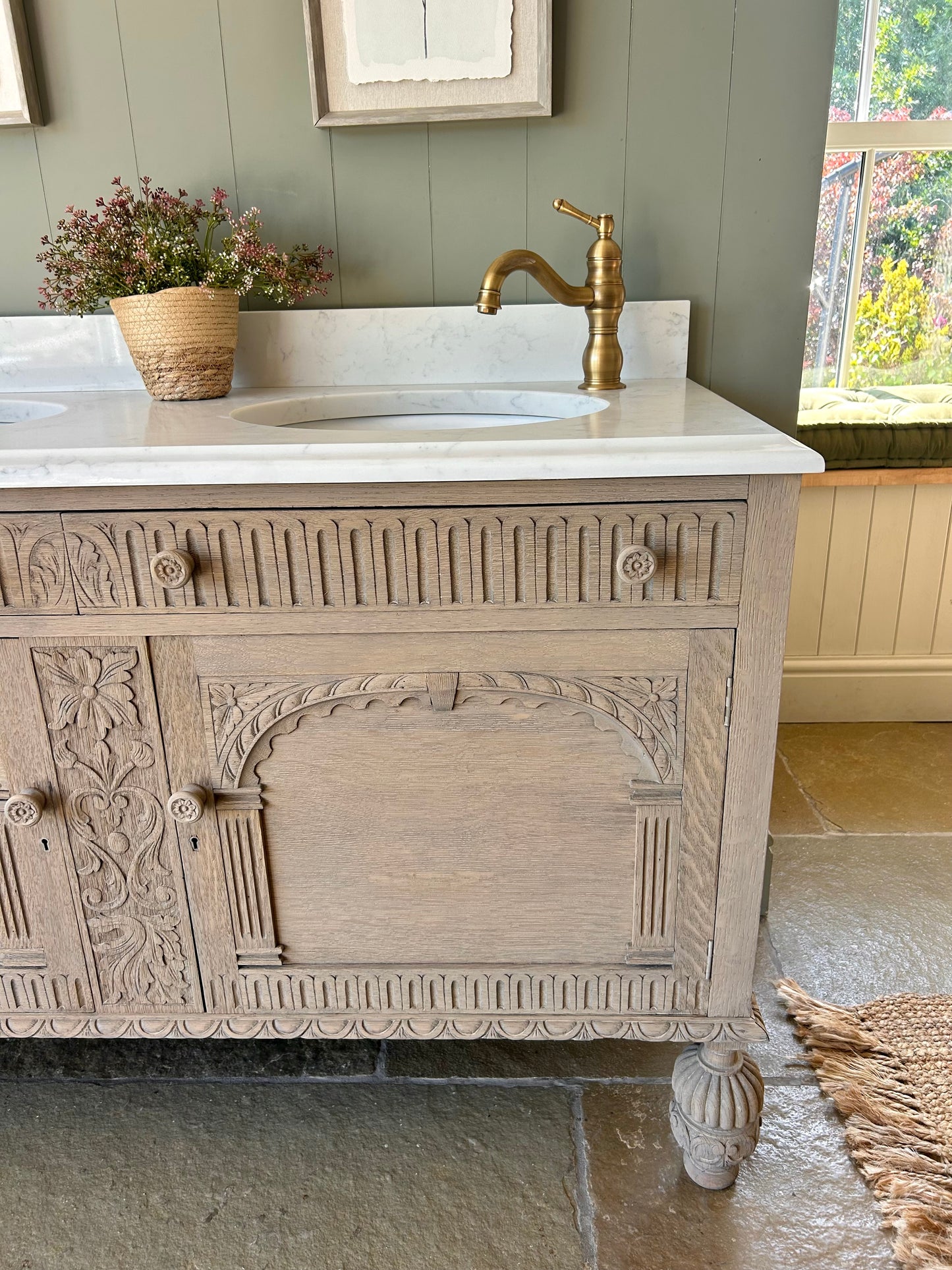 Vintage Light Oak Double Vanity Unit with undermount basins, Ogee edge and upstand.