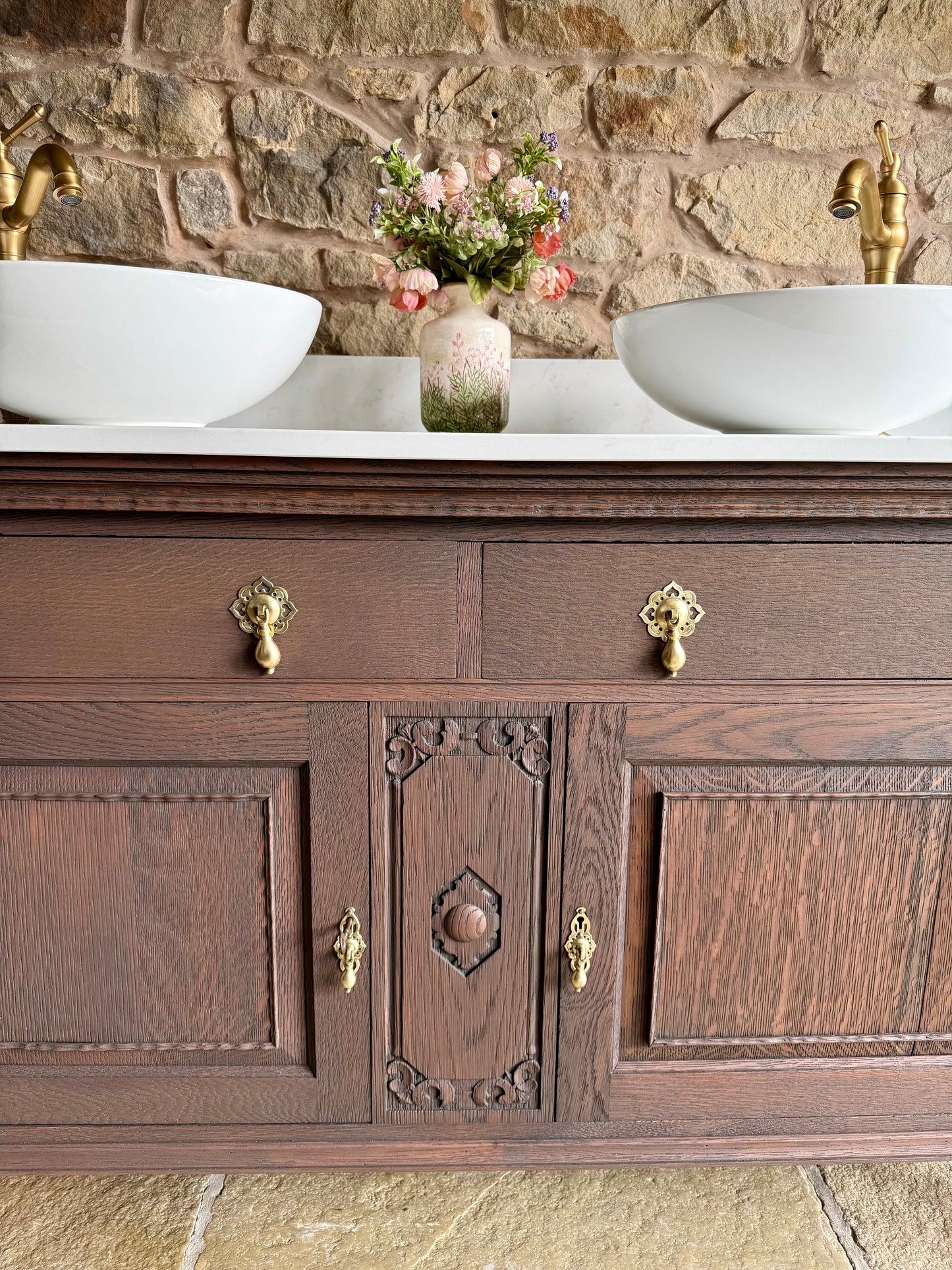 Vintage Solid Oak Vanity Sink, in a Classic Dark Oak, Quartz Top, Upstand and two basins