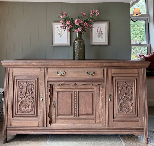 Large Antique Solid Oak Sideboard with beautiful carved detailing
