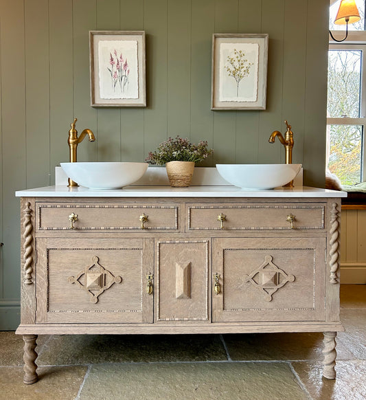 Vintage Double Vanity Sink, quartz/ Carrara marble top, Upstand and two basins (136cm wide)