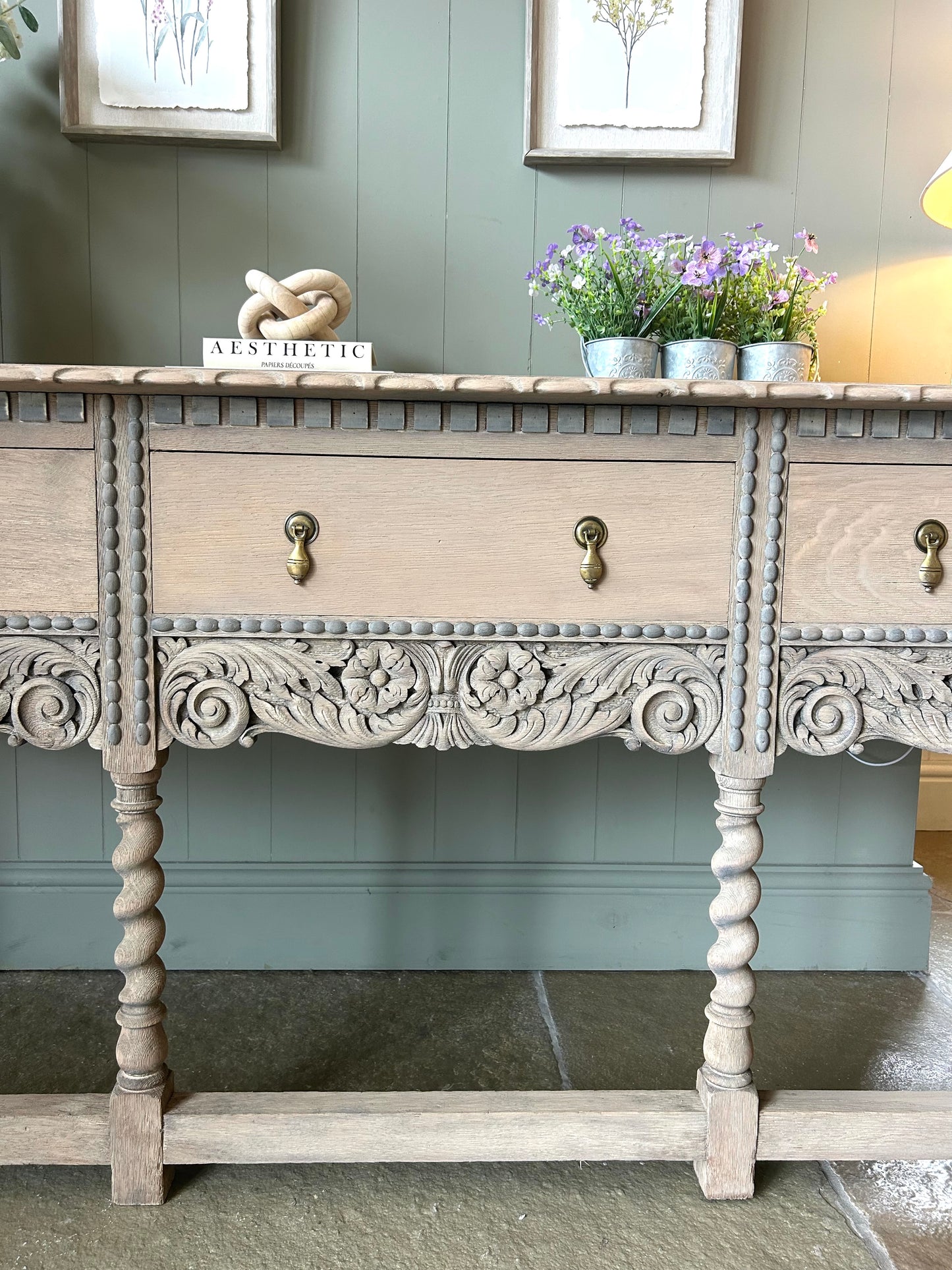 Large Carved Solid Oak Console Table finished in a weathered oak