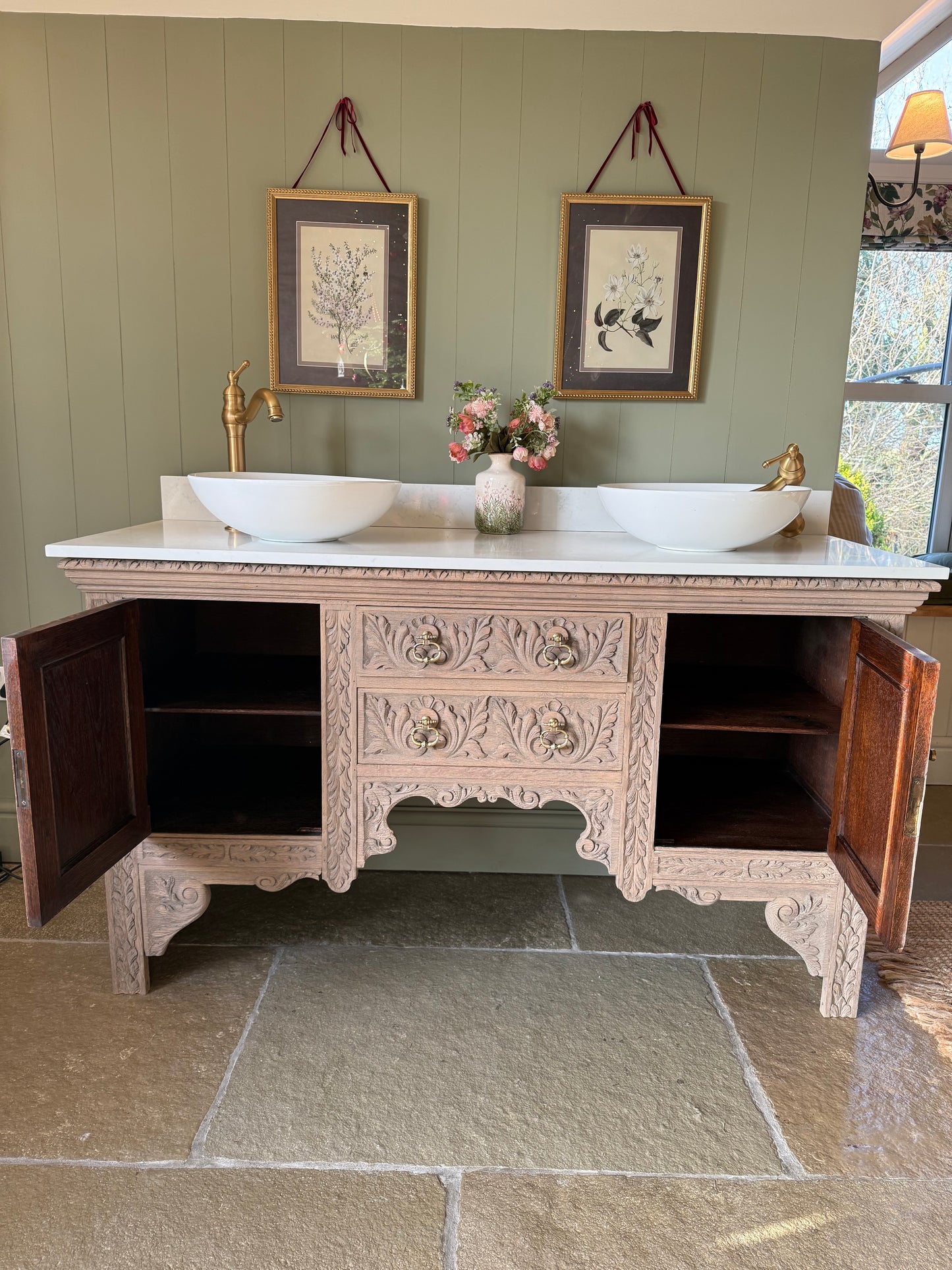 Large Pretty Antique Carved Oak vanity Sink, Carrara Quartz top, Upstand and two basins (154cm wide)