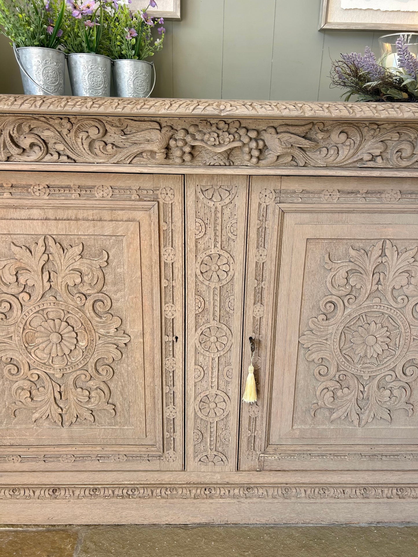 Ornate antique Sideboard Console Solid Oak finished in a light weathered oak style.