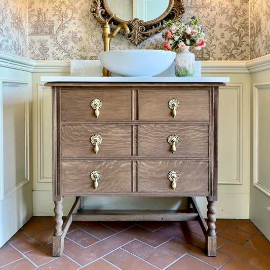 Vintage Oak Vanity Sink Unit, Carrara Quartz Top, Upstand and Basin (78cm wide)