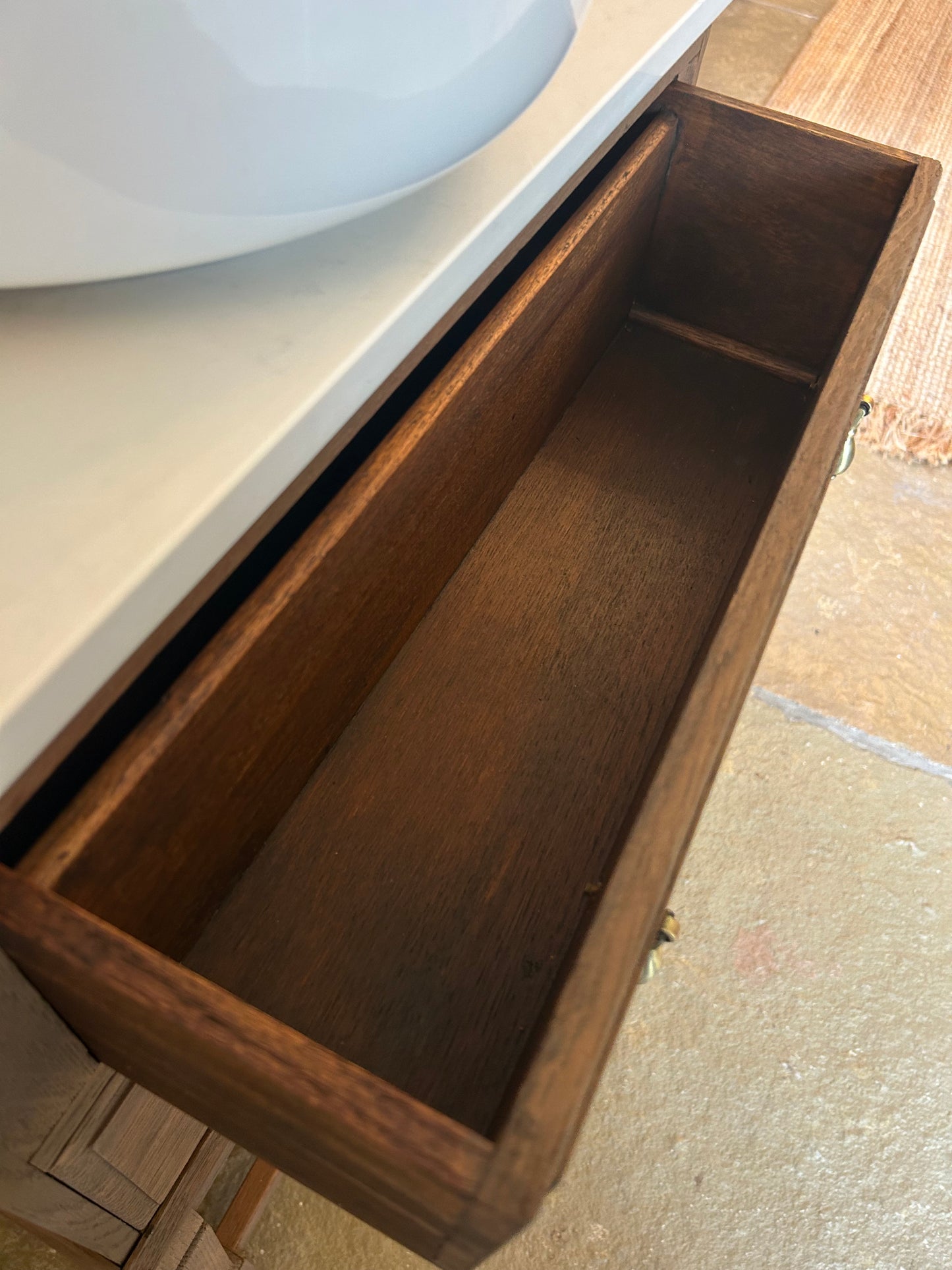 Small Mid Oak Vanity Sink, Carrara Quartz top, countertop basin and Upstand. (63cm wide)