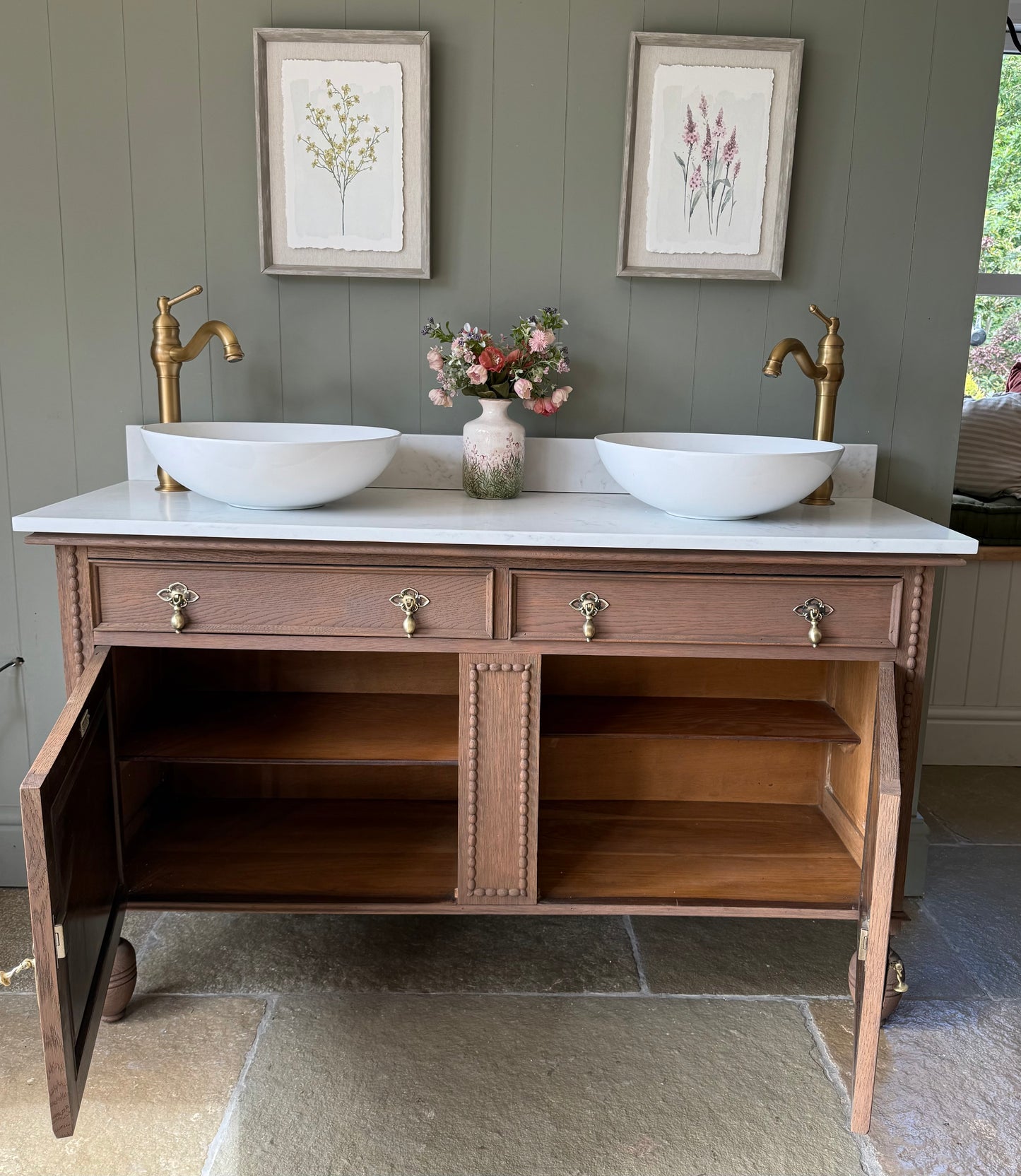Beautiful Vintage  Double Vanity, Solid Oak, Carrara Quartz top, Upstand and Two basins.(139cm wide)