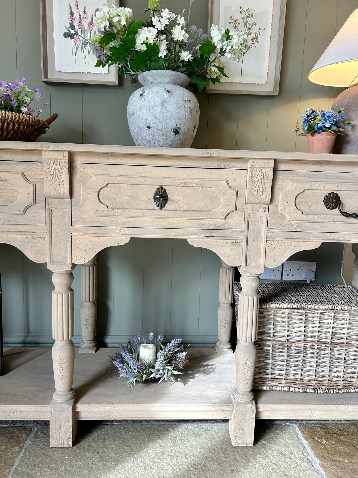 Large rustic Console Table finished in a light weathered oak.