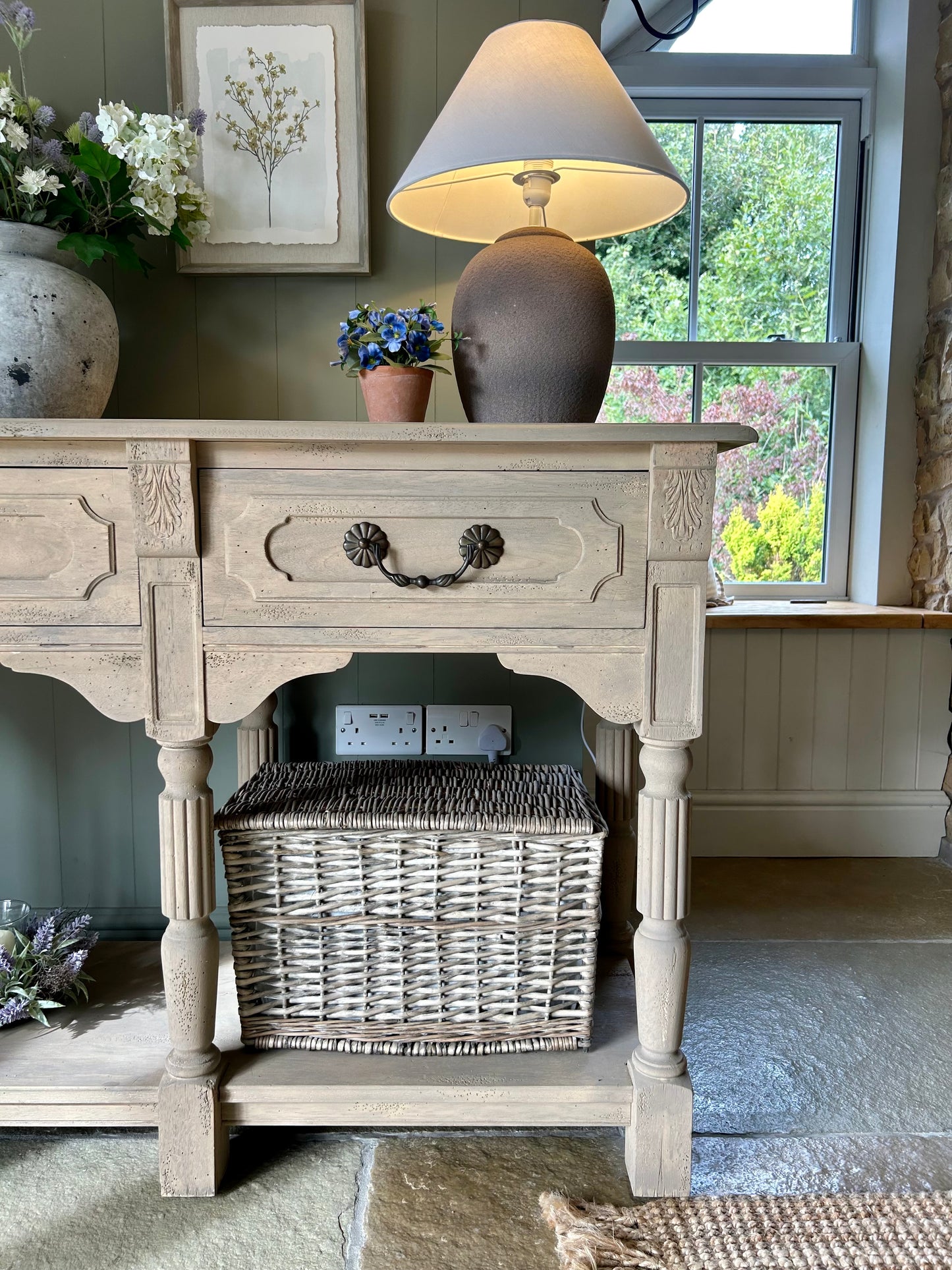 Large rustic Console Table finished in a light weathered oak.