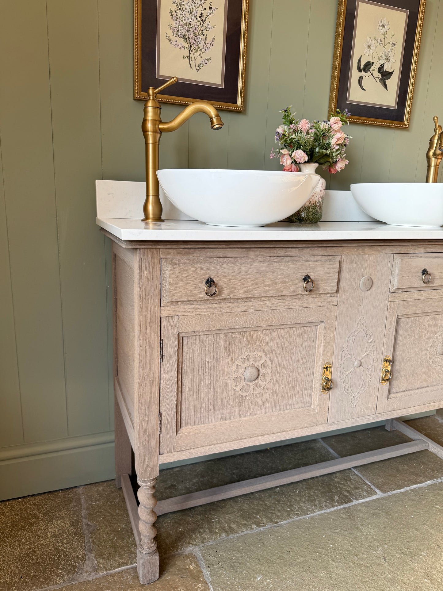 Light oak Vintage Double or Single Vanity Sink Unit, Quartz top, Upstand.