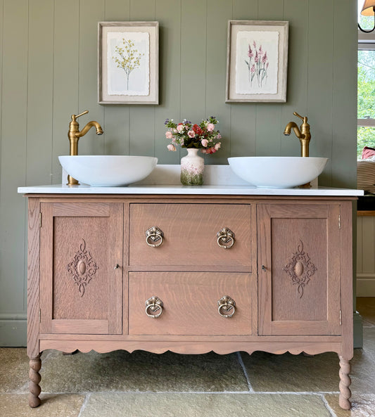 Double Vanity Sink in Mid Oak, Carrara Quartz top, Upstand and two basins (124cm wide)