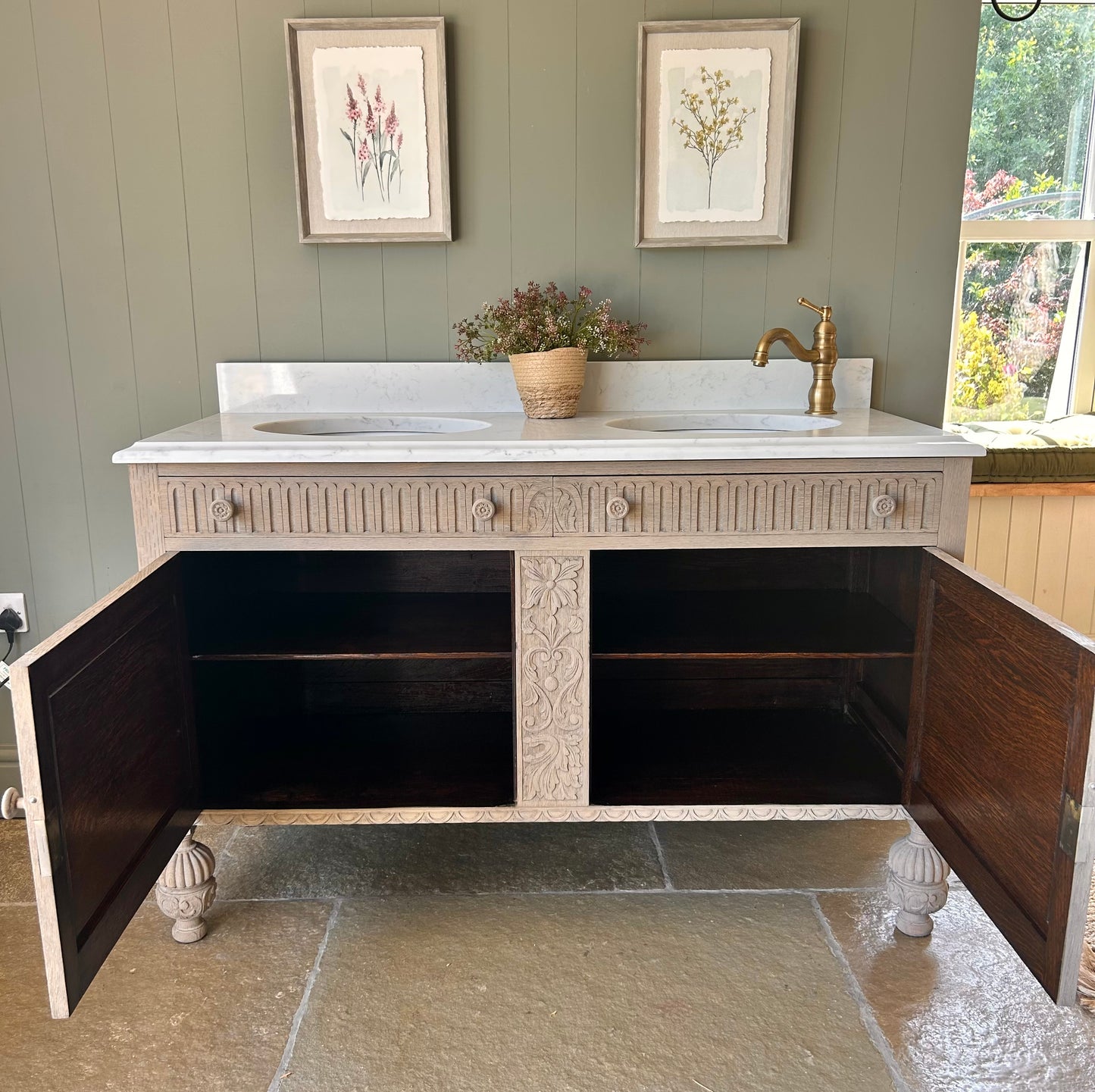 Vintage Light Oak Double Vanity Unit with undermount basins, Ogee edge and upstand.