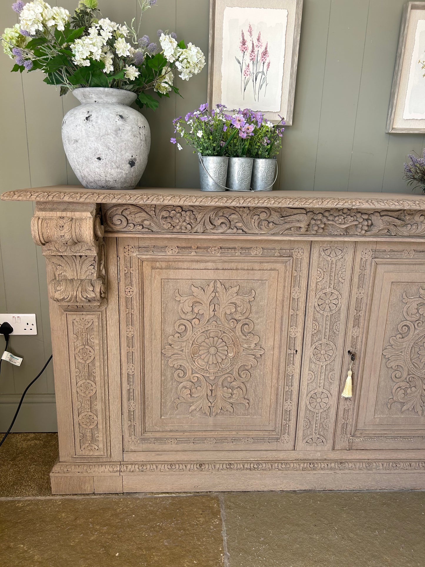 Ornate antique Sideboard Console Solid Oak finished in a light weathered oak style.