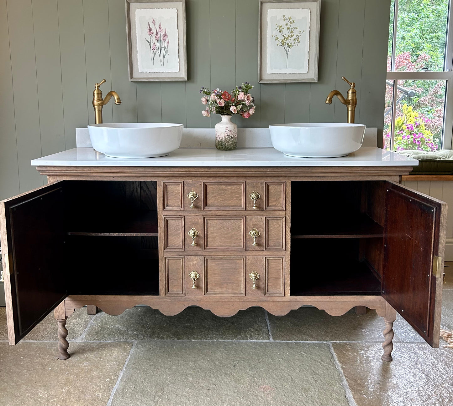 Large Vintage Double Vanity Sink, Carrara Quartz top, Upstand and two basins. (155cm wide)