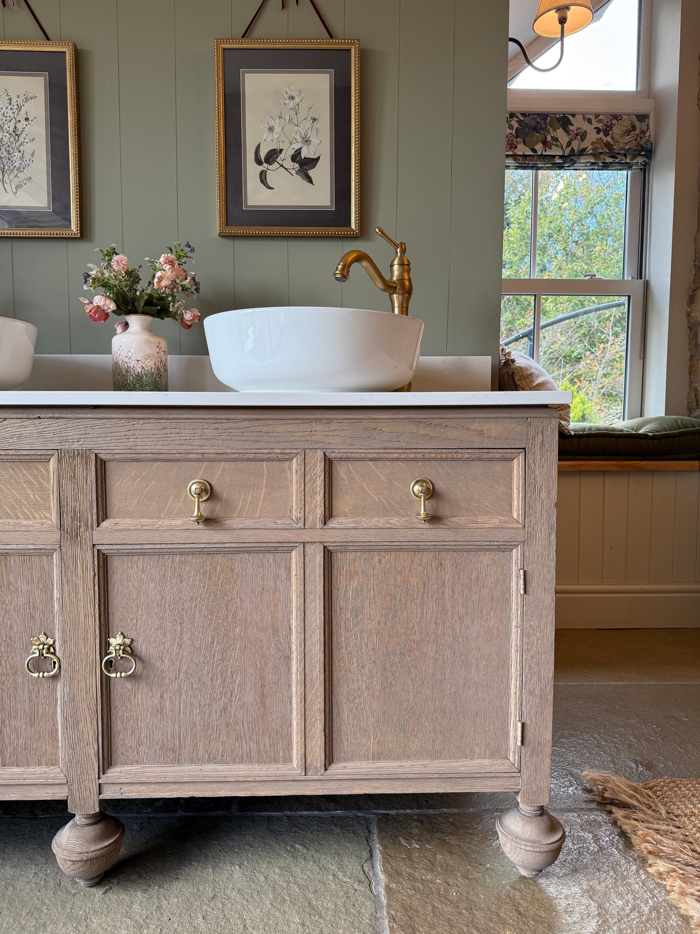 Large Vintage Oak Double Vanity unit, Carrara Quartz top, Upstand and two basins (154.5cm)