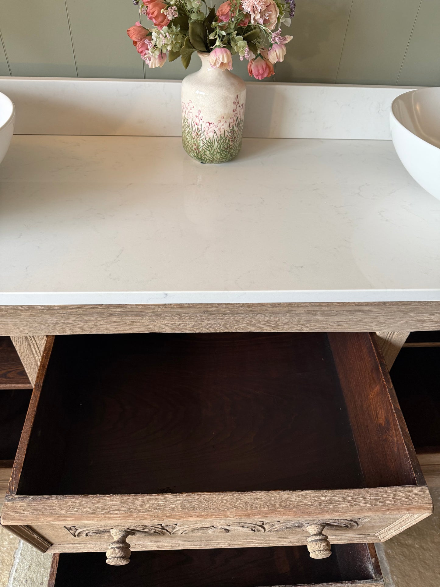 Vintage Solid Oak Double Vanity Sink Unit, Quartz Top, Upstand and two basins