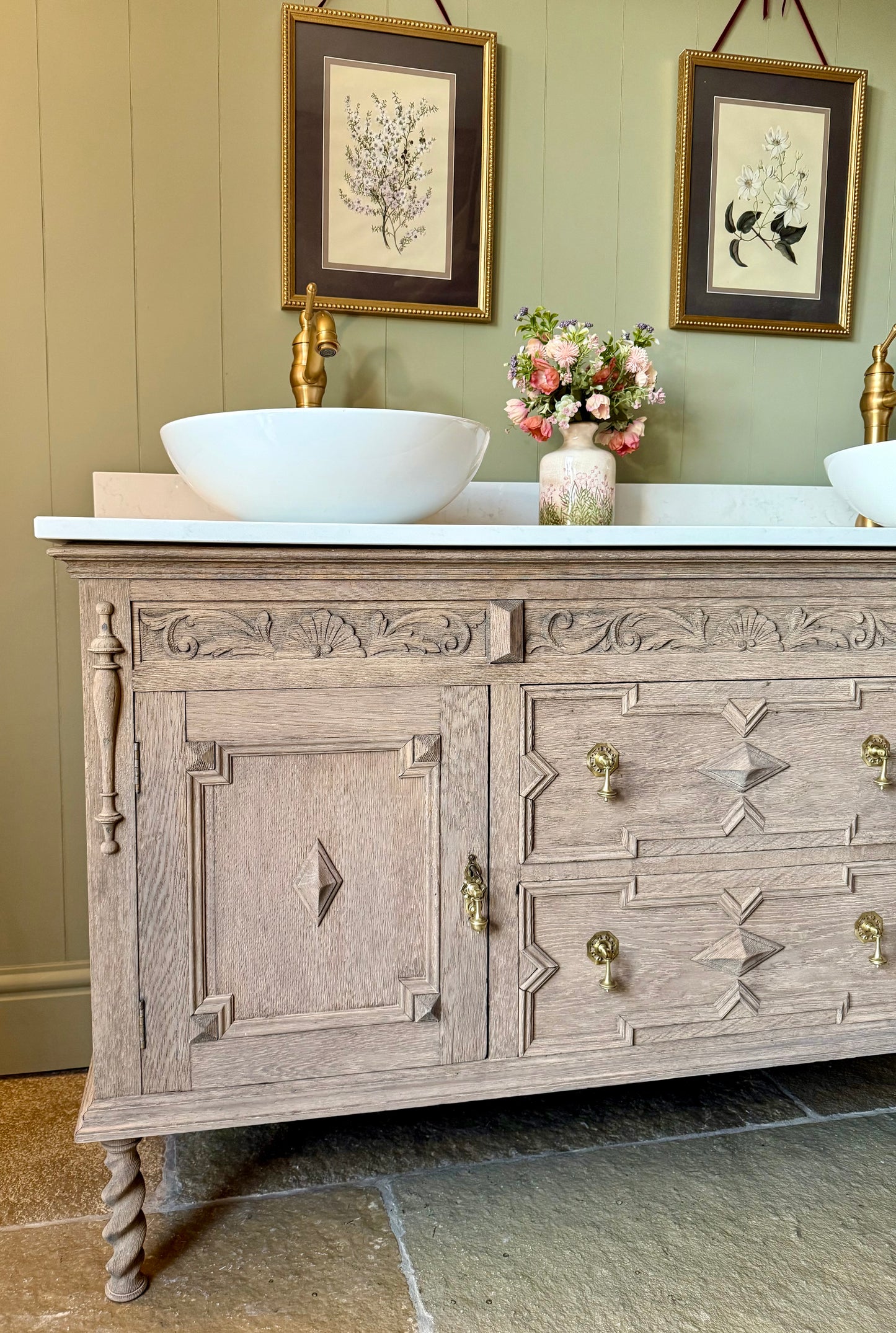 Large Double Vanity Sink Quartz Top, Upstand and Two Basins (155cm)