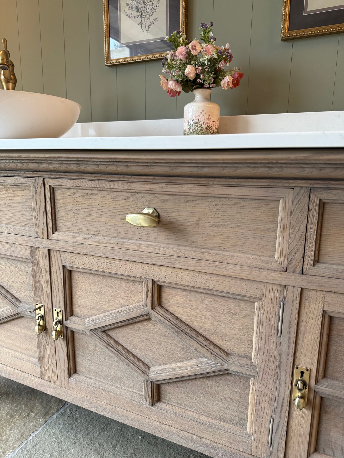 Extra Large Vintage Double Vanity Sink, Carrara Quartz top, Upstand and two basins. Solid Light Oak. (185cm wide)