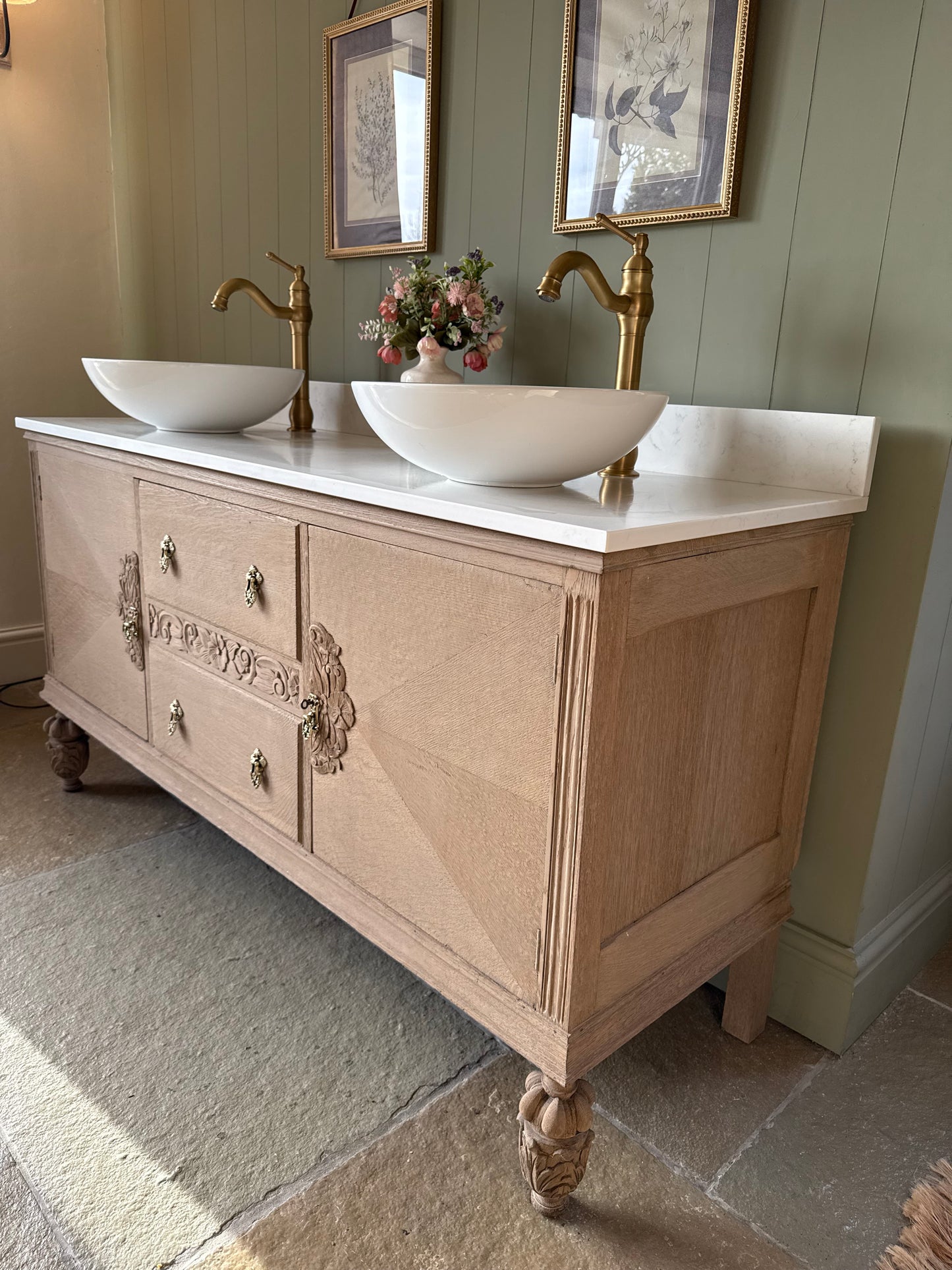Beautiful, Vintage Solid Oak , Double Vanity Sink, Carrara Quartz top, Upstand and two basins (154.5cm wide)