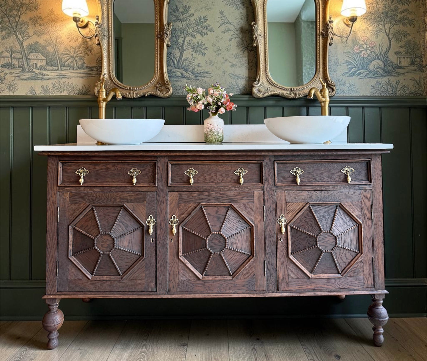 Large Vintage Vanity Sink in a Classic Dark Oak, Quartz Top, Upstand and Two Basins (154cm)