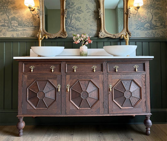 Large Vintage Vanity Sink in a Classic Dark Oak, Quartz Top, Upstand and Two Basins (154cm)