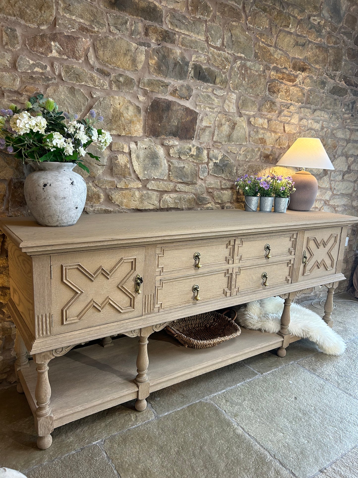 Large Weathered Oak Console Sideboard by Waring and Gillows of Lancaster