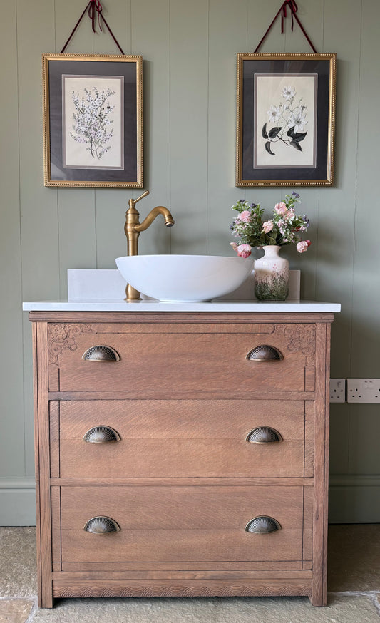 Small Vintage Solid Oak Vanity Sink, Quartz Top, Upstand and basin (79cm wide)