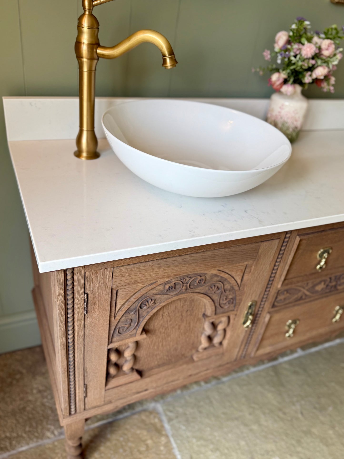 Large Oak Vanity Sink, Carrara Quartz top, Upstand and two basins. (154cm wide)