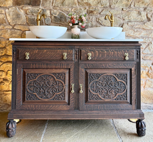 Vintage Ornate Solid Oak Double Or Single Vanity Sink Unit, Carrara Quartz Top, Upstand and two basins (126cm wide)