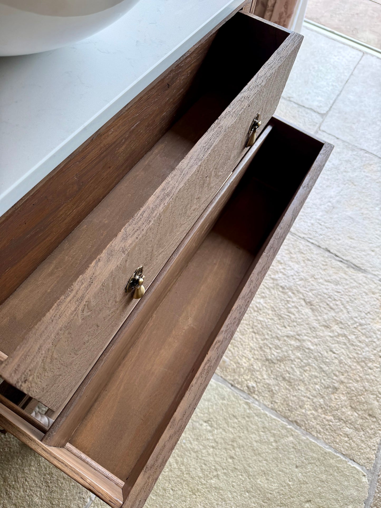 Vintage Oak Vanity Unit Quartz Top Upstand and Basin (79cm wide)