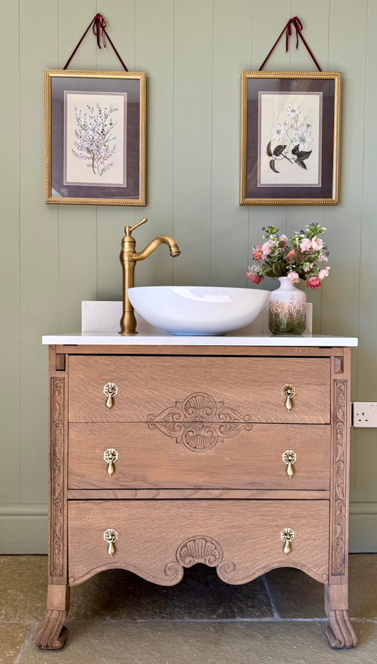 Antique Oak Small Vanity Sink Quartz top, Upstand and basin (75cm wide)