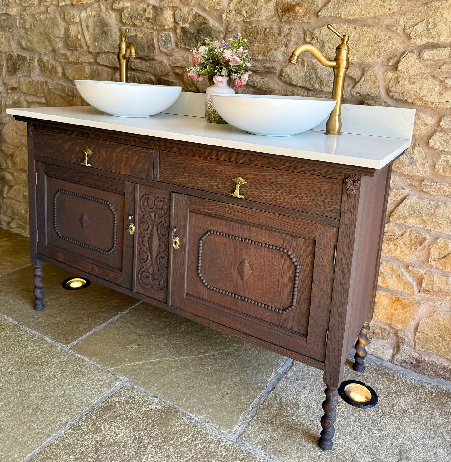 Vintage Classic Dark Oak Double Vanity Sink Unit, Carrara Quartz Top, Upstand and two basins. (139cm wide)