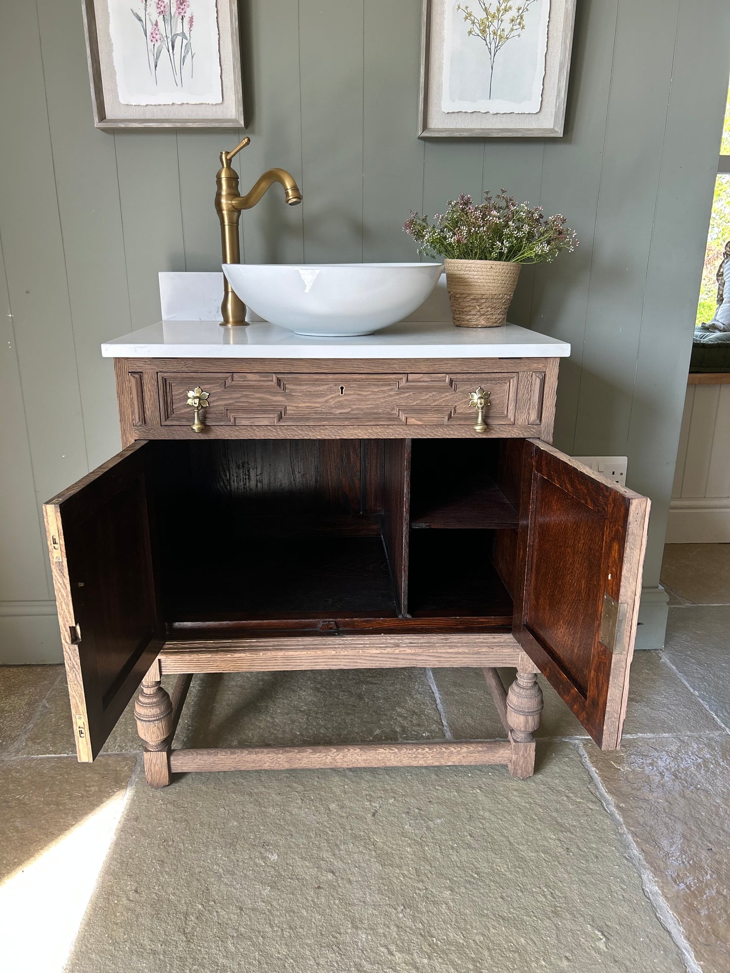 Vintage Solid Oak Vanity Sink finished in a Mid Oak, quartz top, Upstand and basin (75cm wide)