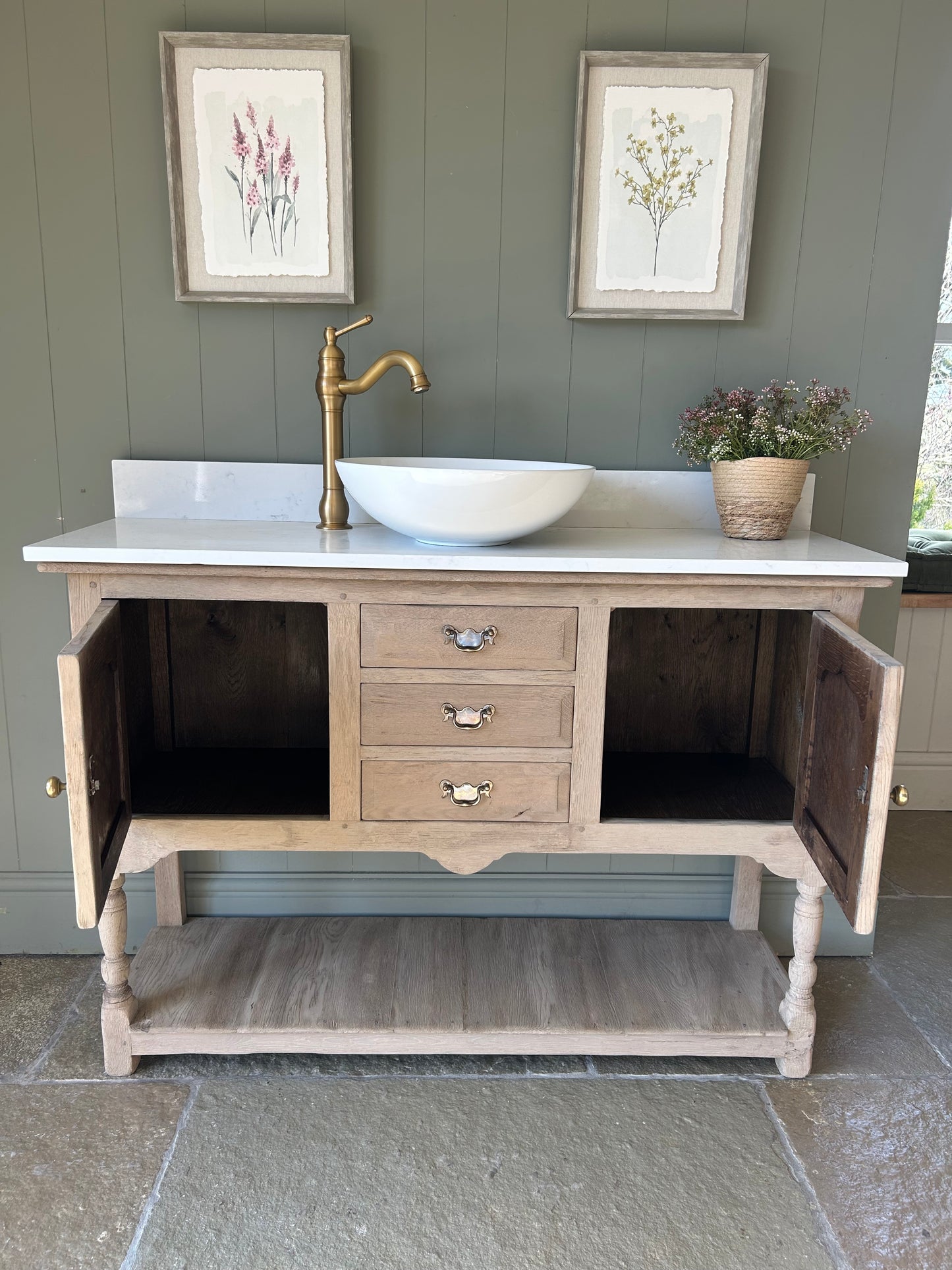 Light Solid Oak Vanity Sink with Basin, Quartz top and Upstand. 1235mm wide