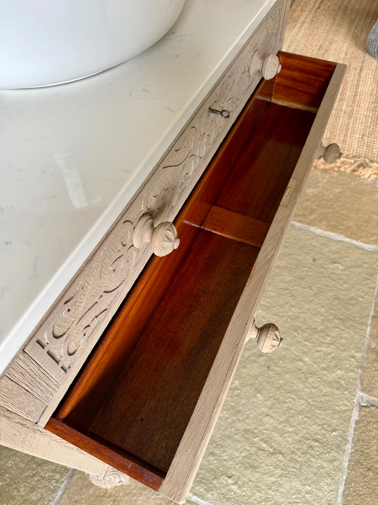 Ornate Light Oak Vanity Sink, Carrara Quartz top, Upstand and basin (90.5cm wide)