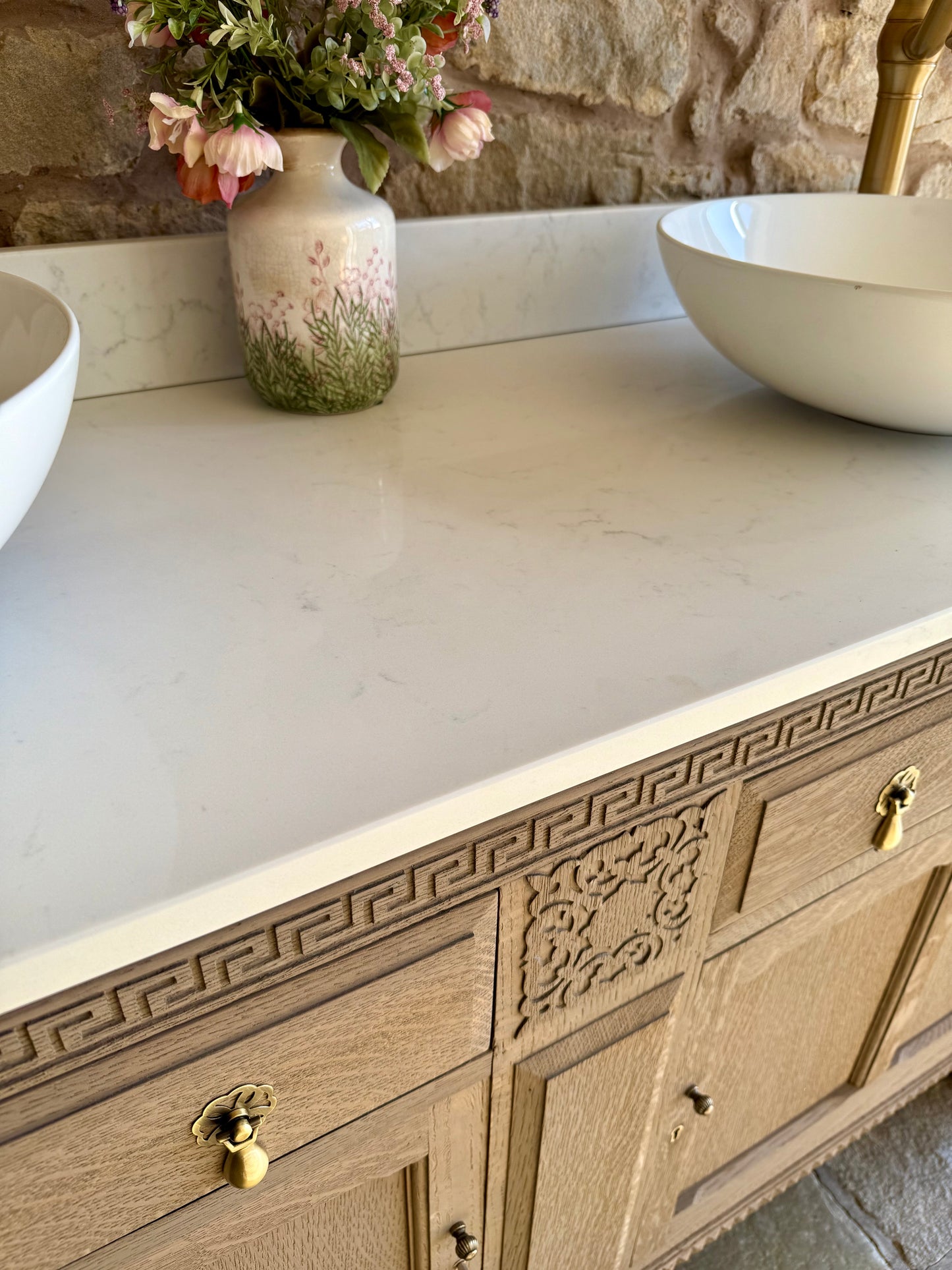 Vintage Double Oak Vanity Sink, Carrara Quartz top, Upstand and two basins. (138.5cm wide)