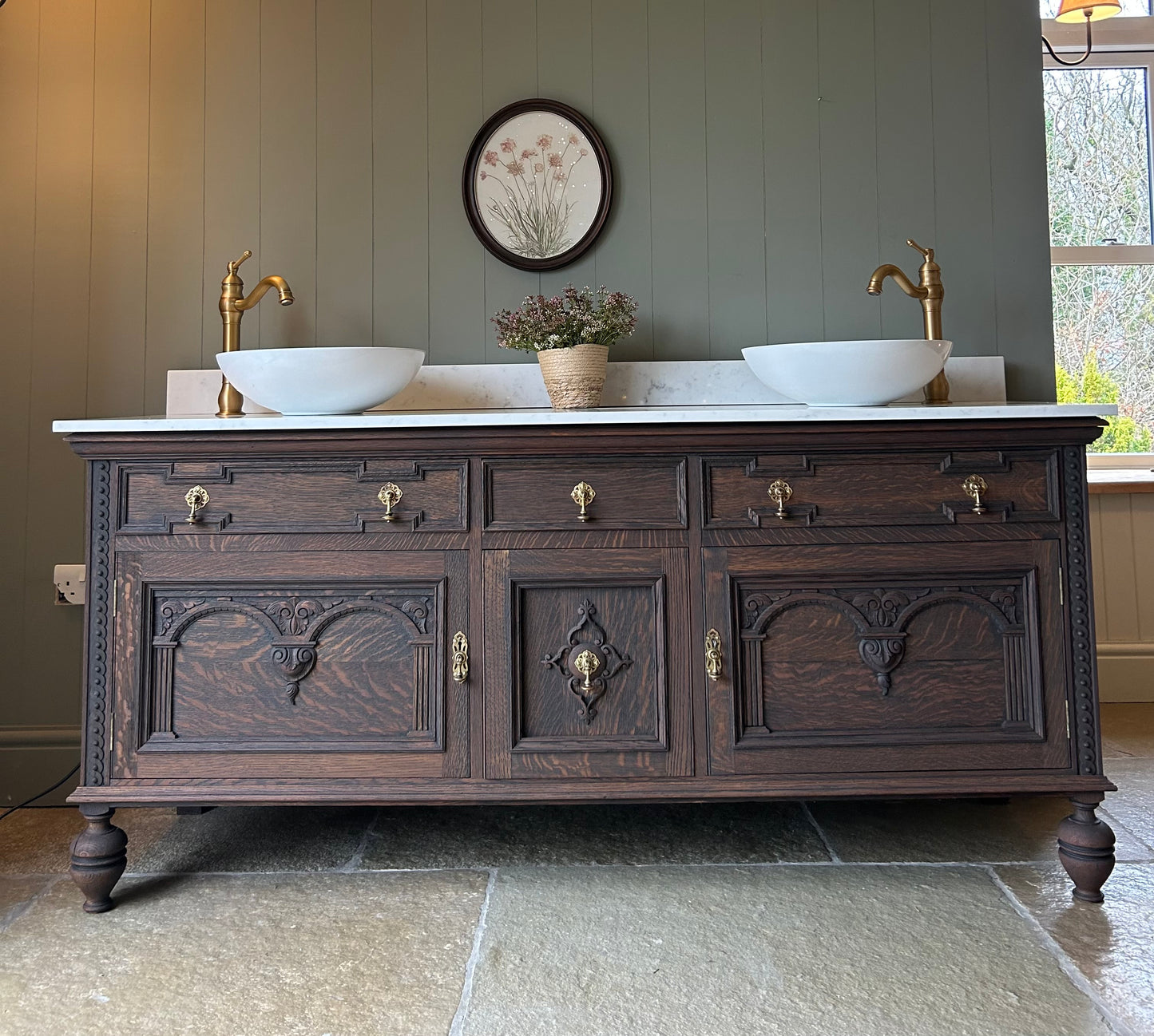 Large Vintage Double Vanity Sink 185cm in Dark Oak, Quartz top, Upstand and Basins