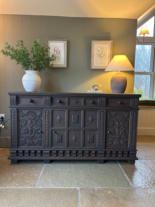 Large Antique Dark Oak Sideboard. Solid Oak