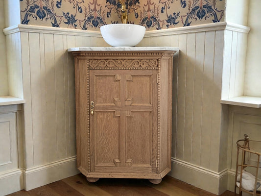 Vintage Oak Small Corner Sink Unit, Marble Top and Basin