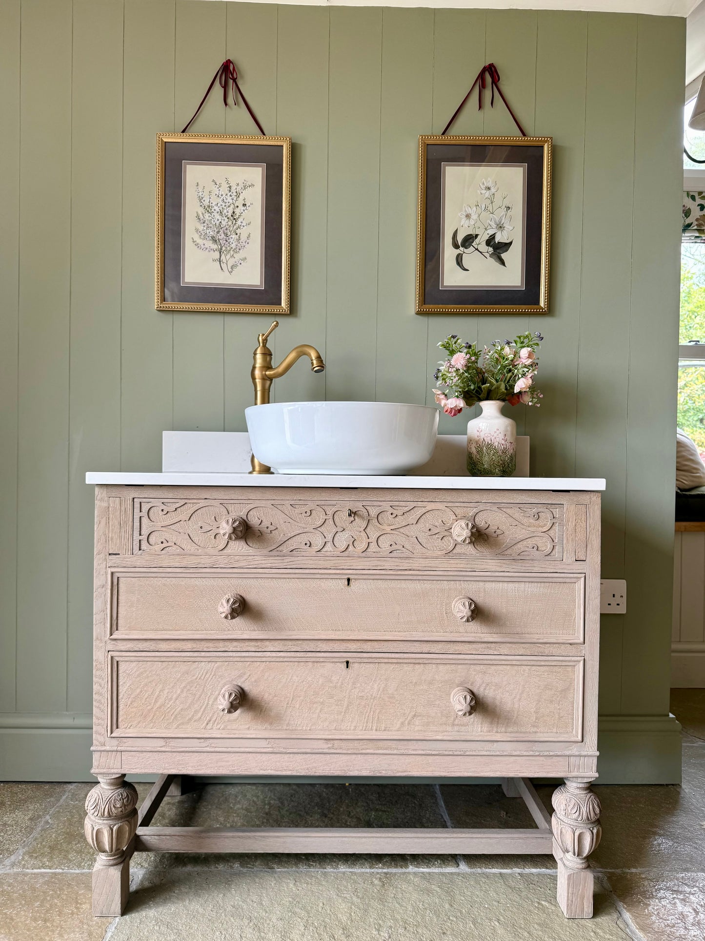 Ornate Light Oak Vanity Sink, Carrara Quartz top, Upstand and basin (90.5cm wide)