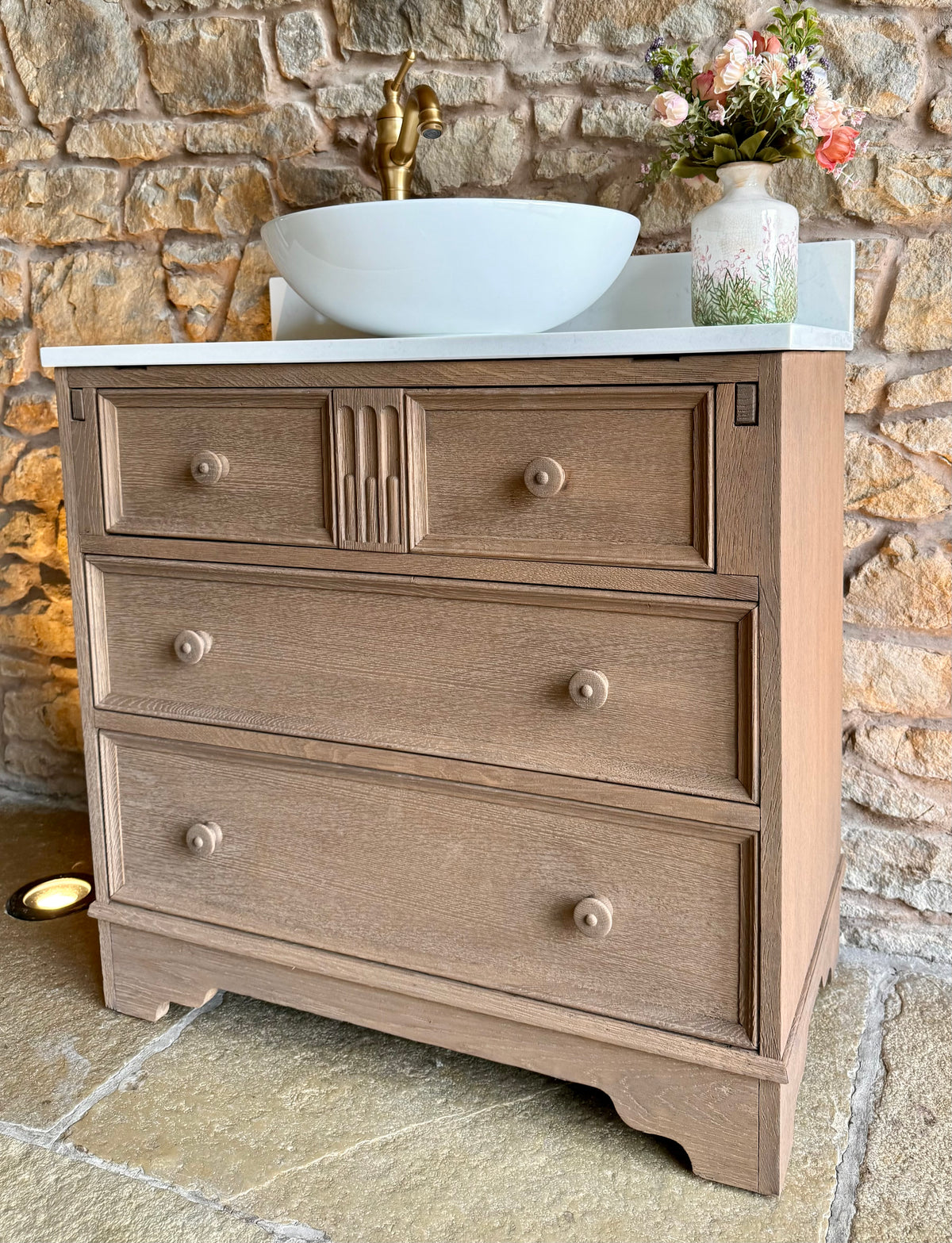 Vintage Oak Vanity Sink Unit, Quartz Top, Upstand and Basin (78cm wide)