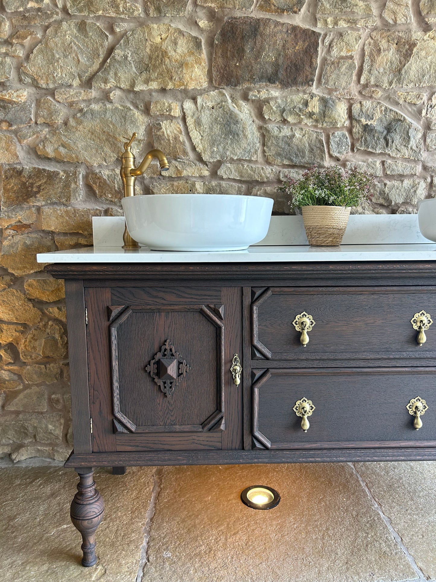 Classic Dark Solid Oak Double Vanity with Quartz top, Upstand and basins. (154cm wide)